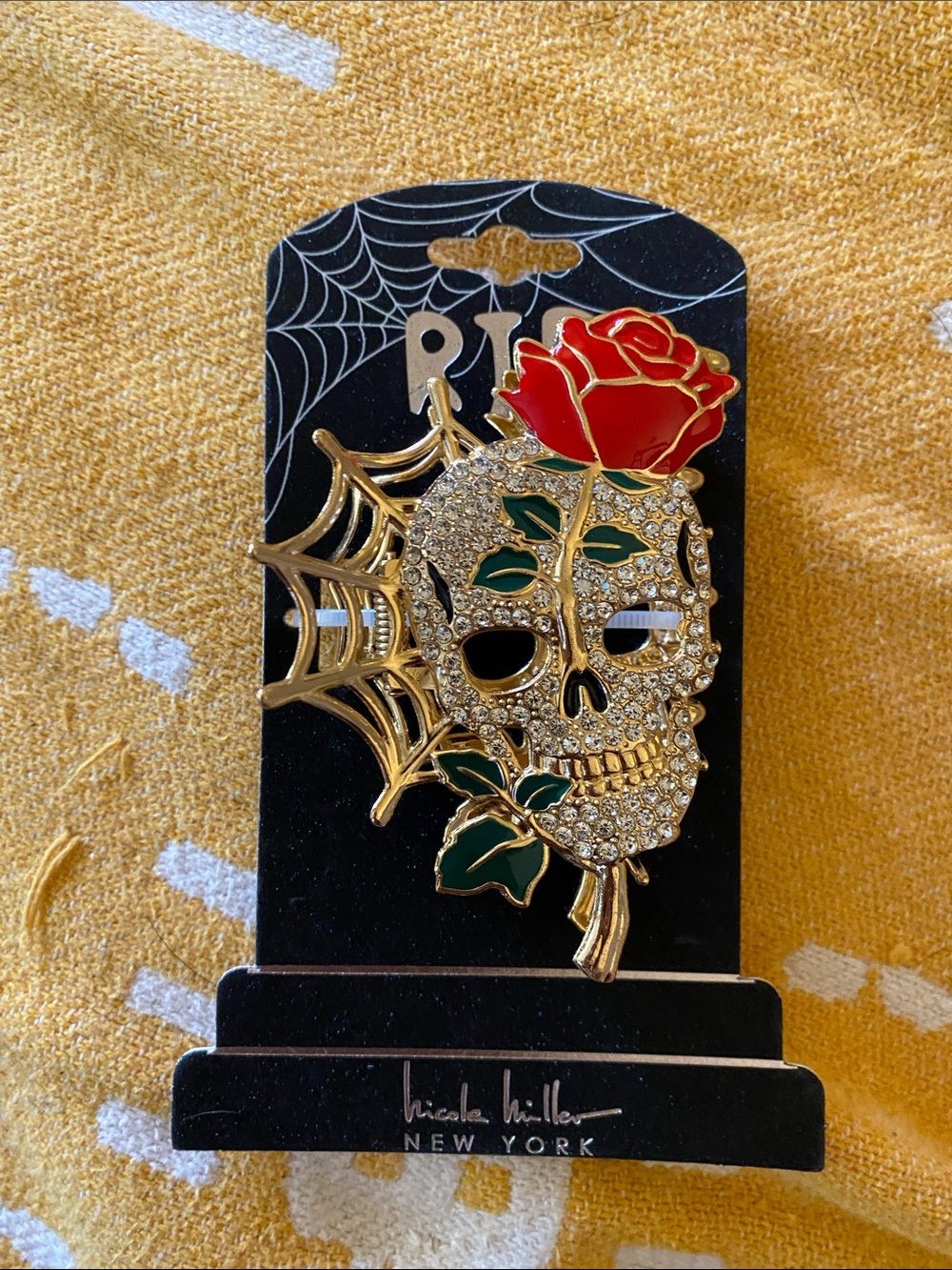 Nicole Miller Gold-Tone Crystal Skull Hair Pin with Red Rose and Green Leaves